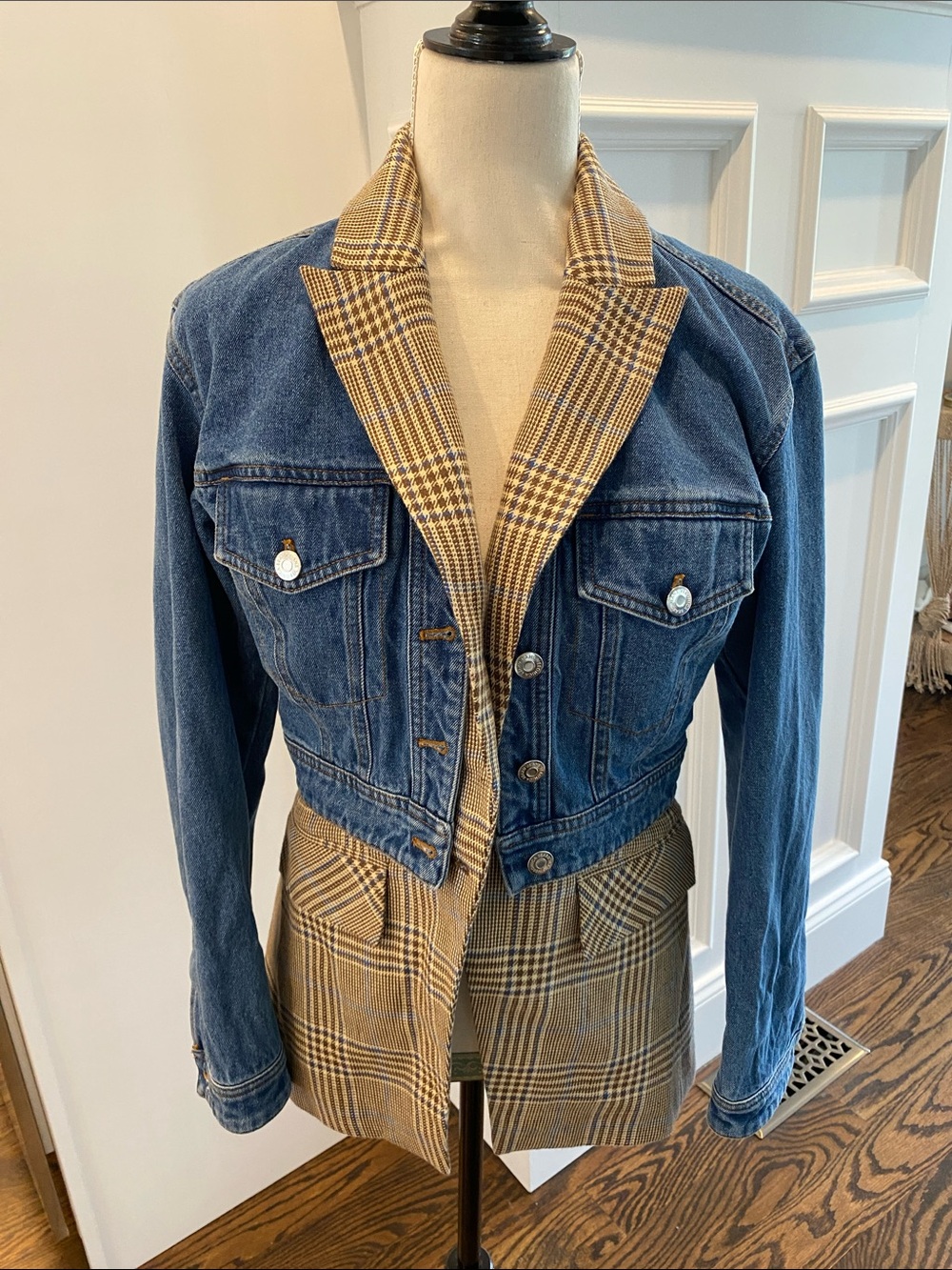 Veronica Beard Denim Jacket with Tan Plaid Trim